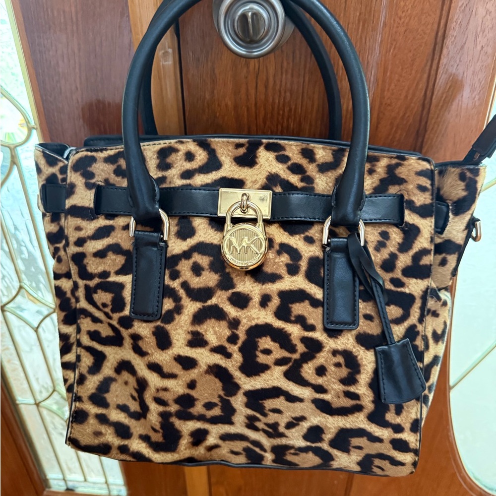 Michael Kors Hamilton Leopard Print Calf Hair Black Leather Satchel Handbag Gold
